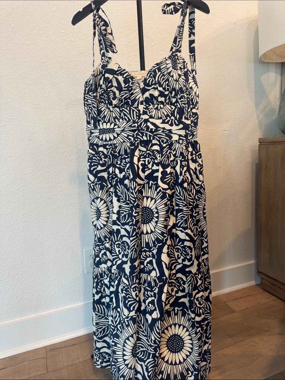 Navy and Cream Floral Tie-Shoulder Maxi Dress